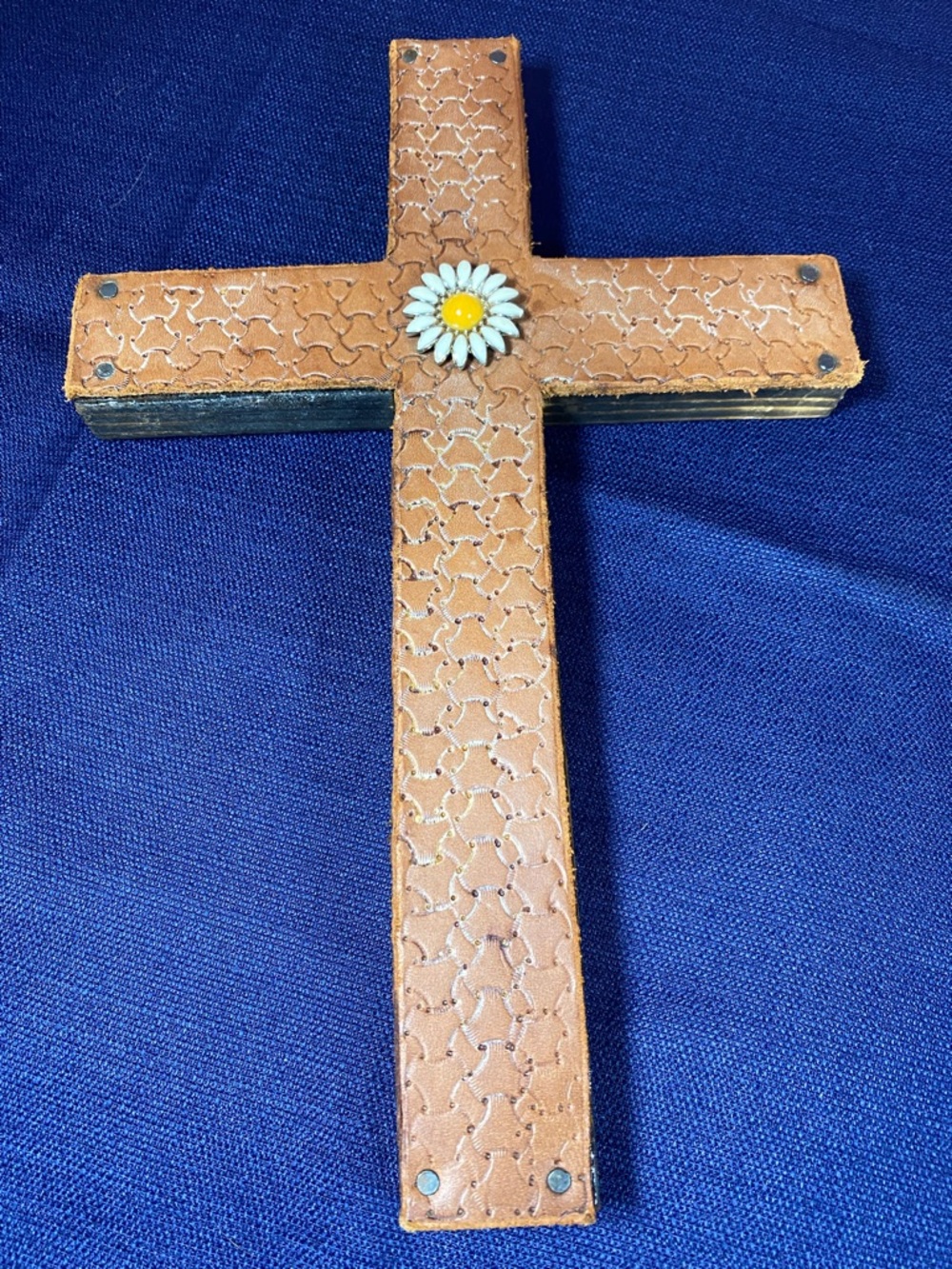 Handcrafted Brown Leather Cross Wall Décor with Daisy Accent